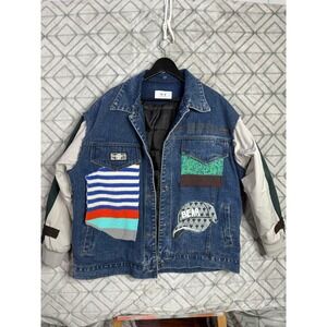 Mens Denim Jacket Patched Collage Graphic Embroidered Distressed Unique
